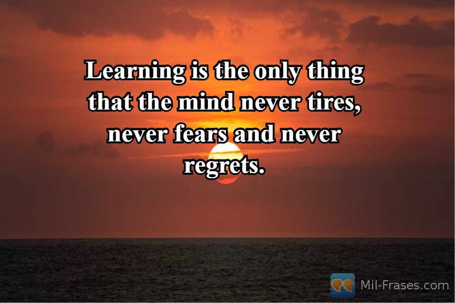 Une image avec la citation suivante Learning is the only thing that the mind never tires, never fears and never regrets.