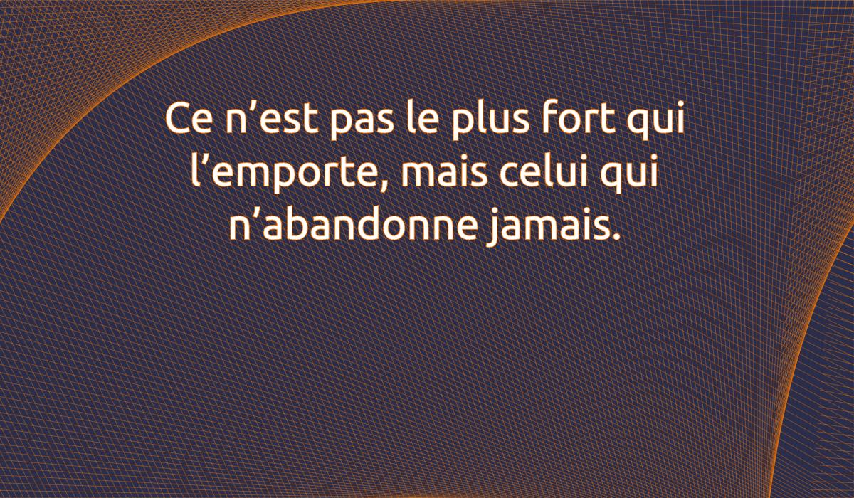 Une image avec la citation suivante Ce n’est pas le plus fort qui l’emporte, mais celui qui n’abandonne jamais.